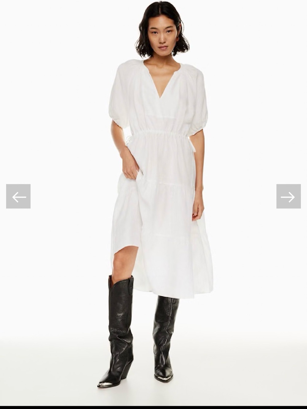 Aritzia White V-Neck Puff Sleeve Linen Dress